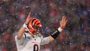 ORCHARD PARK, NY - JANUARY 22: Joe Burrow #9 of the Cincinnati Bengals celebrates after scoring a touchdown against the Buffalo Bills during the second half at Highmark Stadium on January 22, 2023 in Orchard Park, New York. (Photo by Cooper Neill/Getty Images)