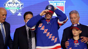 VANCOUVER, BRITISH COLUMBIA - JUNE 21: Kaapp Kakko smiles after being selected second overall by the New York Rangers during the first round of the 2019 NHL Draft at Rogers Arena on June 21, 2019 in Vancouver, Canada. (Photo by Bruce Bennett/Getty Images)