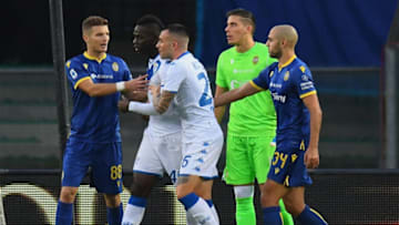 VERONA, ITALY - NOVEMBER 03: Mario Balotelli #45 of Brescia Calcio reacts to racist chants from Verona fans during the Serie A match between Hellas Verona and Brescia Calcio at Stadio Marcantonio Bentegodi on November 3, 2019 in Verona, Italy. (Photo by Alessandro Sabattini/Getty Images)