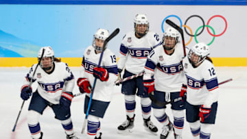 BEIJING, CHINA - FEBRUARY 3: Alex Carpenter of USA #25 celebrates her goal with teammates during the Women's Ice Hockey Preliminary Round Group A match between Team United States (USA) and Team Finland at Wukesong Sports Centre on February 3, 2022 in Beijing, China. (Photo by Jean Catuffe/Getty Images)