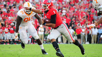 ATHENS, GA - SEPTEMBER 29: Justin Fields #1 of the Georgia Bulldogs carries the ball for a touchdown against the Tennessee Volunteers on September 29, 2018 at Sanford Stadium in Athens, Georgia. (Photo by Scott Cunningham/Getty Images)
