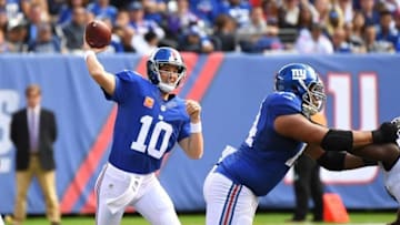 Oct 16, 2016; East Rutherford, NJ, USA; New York Giants quarterback Eli Manning (10) throws in the first half against the Baltimore Ravens at MetLife Stadium. Mandatory Credit: Robert Deutsch-USA TODAY Sports