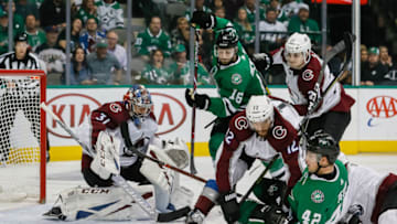 DALLAS, TX - MARCH 21: Dallas Stars defenseman Taylor Fedun (42), Colorado Avalanche defenseman Patrik Nemeth (12), Dallas Stars center Jason Dickinson (16) and Colorado Avalanche defenseman Ryan Graves (27) collide in front of Colorado Avalanche goaltender Philipp Grubauer (31) during the game between the Dallas Stars and the Colorado Avalanche on March 21, 2019 at the American Airlines Center in Dallas, Texas. (Photo by Matthew Pearce/Icon Sportswire via Getty Images)