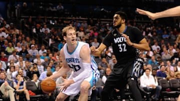 Mar 7, 2016; Charlotte, NC, USA; Charlotte Hornets forward center Cody Zeller (40) looks to pass the ball during the second half of the game against the Minnesota Timberwolves at Time Warner Cable Arena. Hornets win 108-103. Mandatory Credit: Sam Sharpe-USA TODAY Sports