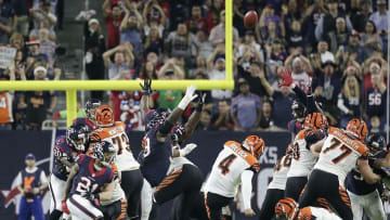 Dec 24, 2016; Houston, TX, USA; Cincinnati Bengals kicker Randy Bullock (4) kicks a 33 yard field goal against the Houston Texans in the second quarter at NRG Stadium. Mandatory Credit: Thomas B. Shea-USA TODAY Sports