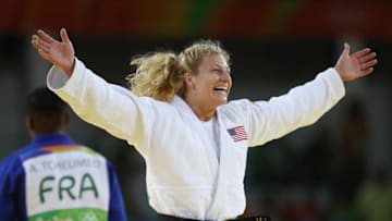 RIO DE JANEIRO, BRAZIL - AUGUST 11: Kayla Harrison of the United States celebrates after defeating Audrey Tcheumeo of France during the women's -78kg gold medal judo contest on Day 6 of the 2016 Rio Olympics at Carioca Arena 2 on August 11, 2016 in Rio de Janeiro, Brazil. (Photo by Julian Finney/Getty Images)
