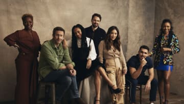 AUSTIN, TX - MARCH 11: (L-R) Crystal R. Fox, Chris O'Dowd, Djouliet Amara, David West Read, Ally Maki, Josh Segarra and Gabrielle Dennis of 'The Big Door Prize' pose for a portrait at SxSW Film Festival on March 11, 2023 in Austin, Texas. (Photo by Robby Klein/Getty Images)