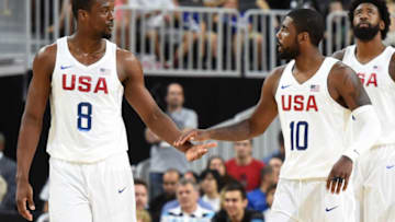 LAS VEGAS, NV - JULY 22: Harrison Barnes #8 and Kyrie Irving #10 of the United States talk on the court during a USA Basketball showcase exhibition game against Argentina at T-Mobile Arena on July 22, 2016 in Las Vegas, Nevada. The United States won 111-74. (Photo by Ethan Miller/Getty Images)