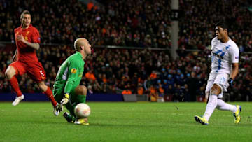 LIVERPOOL, ENGLAND - FEBRUARY 21: Hulk of Zenit scores the opening goal past goalkeeper Pepe Reina of Liverpool during the UEFA Europa League round of 32 second leg match between Liverpool FC and FC Zenit St Petersburg at Anfield on February 21, 2013 in Liverpool, England. (Photo by Alex Livesey/Getty Images)