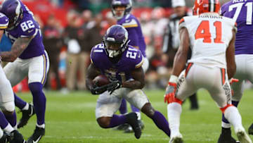 LONDON, ENGLAND - OCTOBER 29: Jerick McKinnon of the Minnesota Vikings runs the ball during the NFL International Series match between Minnesota Vikings and Cleveland Browns at Twickenham Stadium on October 29, 2017 in London, England. (Photo by Naomi Baker/Getty Images)