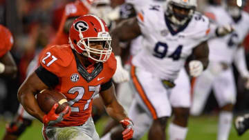 Nov 12, 2016; Athens, GA, USA; Georgia Bulldogs running back Nick Chubb (27) runs against the Auburn Tigers during the second half at Sanford Stadium. Georgia defeated Auburn 13-7. Mandatory Credit: Dale Zanine-USA TODAY Sports