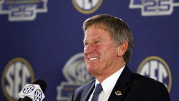Dec 3, 2016; Atlanta, GA, USA; Former Florida Gators head coach Steve Spurrier speaks to the press prior to the SEC Championship college football game between the Alabama Crimson Tide and the Florida Gators at Georgia Dome. Mandatory Credit: Brett Davis-USA TODAY Sports