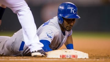 Sep 6, 2016; Minneapolis, MN, USA; Kansas City Royals outfielder Jarrod Dyson (1) dives back to first in the sixth inning against the Minnesota Twins at Target Field. The Kansas City Royals beat the Minnesota Twins 10-3. Mandatory Credit: Brad Rempel-USA TODAY Sports