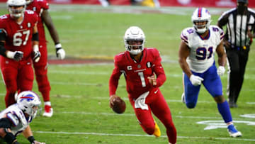 Cardinals' Kyler Murray (1) scrambles away from Bills' Justin Zimmer (61) during the first half at State Farm Stadium in Glendale, Ariz. on Nov. 15, 2020.Buffalo Bills Vs Arizona Cardinals