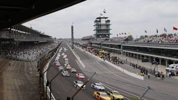 Jul 26, 2015; Indianapolis, IN, USA; NASCAR Sprint Cup driver Carl Edwards leads the field on the pace lap for the start of the Crown Royal 400 at Indianapolis Motor Speedway. Mandatory Credit: Brian Spurlock-USA TODAY Sports