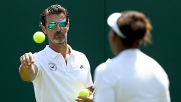 LONDON, ENGLAND - JUNE 28: Coach Patrick Mouratoglou watches as Serena Williams of the United States practices on court during training for the Wimbledon Lawn Tennis Championships at the All England Lawn Tennis and Croquet Club at Wimbledon on June 28, 2018 in London, England. (Photo by Matthew Stockman/Getty Images)