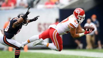 Aug 27, 2016; Chicago, IL, USA; Kansas City Chiefs tight end Travis Kelce (87) catches a pass for a first down against the Chicago Bears during the first half at Soldier Field. Mandatory Credit: Patrick Gorski-USA TODAY Sports
