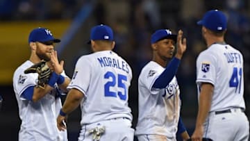 Apr 21, 2016; Kansas City, MO, USA; Kansas City Royals players Alex Gordon (4), Kendrys Morales (25), Jarrod Dyson (1) and Danny Duffy (41) celebrate after beating the Detroit Tigers at Kauffman Stadium. The Royals won 4-0. Mandatory Credit: Peter G. Aiken-USA TODAY Sports