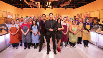 The contestants with host, Jonathan Bennett and judges Todd Tucker and Shinmin Li, as seen on Halloween Wars, Season 10. Photo provided by Food Network