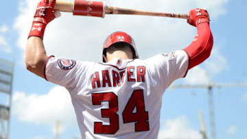 WASHINGTON, DC - AUGUST 04: Bryce Harper #34 of the Washington Nationals gets ready to bat in the sixth inning against the Cincinnati Reds during game one of a doubleheader at Nationals Park on August 4, 2018 in Washington, DC. (Photo by Greg Fiume/Getty Images)