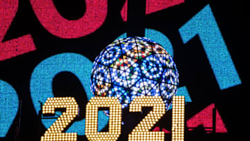 NEW YORK, NEW YORK - DECEMBER 31: A view of the New Year’s Eve Ball and the 2021 numerals during the 2021 New Year's Eve celebration in Times Square on December 31, 2020 in New York City. (Photo by Noam Galai/Getty Images)