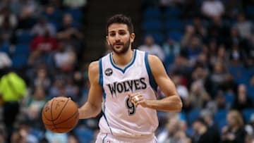 Mar 8, 2016; Minneapolis, MN, USA; Minnesota Timberwolves guard Ricky Rubio (9) dribbles in the first quarter against the San Antonio Spurs at Target Center. Mandatory Credit: Brad Rempel-USA TODAY Sports
