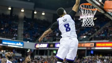 Mar 27, 2016; Sacramento, CA, USA; Sacramento Kings forward Rudy Gay (8) dunks the ball against the Dallas Mavericks in the third quarter at Sleep Train Arena. The Kings won 133-111. Mandatory Credit: John Hefti-USA TODAY.