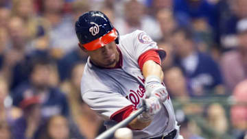 Jun 24, 2016; Milwaukee, WI, USA; Washington Nationals catcher Wilson Ramos (40) singles during the fifth inning against the Milwaukee Brewers at Miller Park. Mandatory Credit: Jeff Hanisch-USA TODAY Sportshe