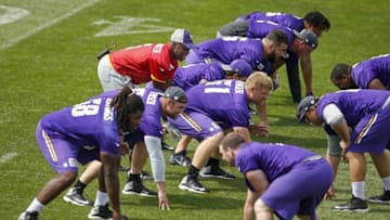 Aug 1, 2016; Mankato, MN, USA; Minnesota Vikings quarterback Teddy Bridgewater (5) sets up behind his offensive line in training camp at Minnesota State University. Mandatory Credit: Bruce Kluckhohn-USA TODAY Sports
