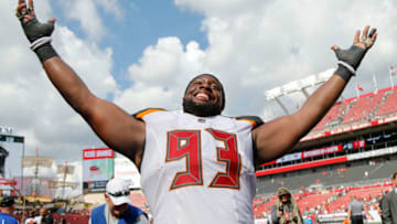 TAMPA, FL - SEPTEMBER 16: Gerald McCoy #93 of the Tampa Bay Buccaneers reacts after they defeated the Philadelphia Eagles 27-21 at Raymond James Stadium on September 16, 2018 in Tampa, Florida. (Photo by Michael Reaves/Getty Images)