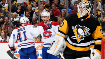 PITTSBURGH, PA - OCTOBER 06: Joel Armia #40 of the Montreal Canadiens celebrates his second period short handed goal against Matt Murray #30 of the Pittsburgh Penguins at PPG Paints Arena on October 6, 2018 in Pittsburgh, Pennsylvania. (Photo by Joe Sargent/NHLI via Getty Images)