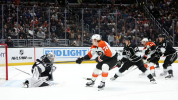 Nov 11, 2023; Los Angeles, California, USA; Philadelphia Flyers right wing Owen Tippett (74) scores a goal against Los Angeles Kings goaltender Cam Talbot (39) during the first period at Crypto.com Arena. Mandatory Credit: Kiyoshi Mio-USA TODAY Sports