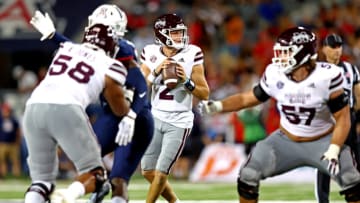 Sep 10, 2022; Tucson, Arizona, USA; Mississippi State Bulldogs quarterback Will Rogers (2) drops back to pass during the first half against the Arizona Wildcats at Arizona Stadium. Mandatory Credit: Mark J. Rebilas-USA TODAY Sports