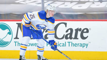 PHILADELPHIA, PA - JANUARY 18: Rasmus Dahlin #26 of the Buffalo Sabres looks on against the Philadelphia Flyers in the second period at Wells Fargo Center on January 18, 2021 in Philadelphia, Pennsylvania. (Photo by Drew Hallowell/Getty Images)