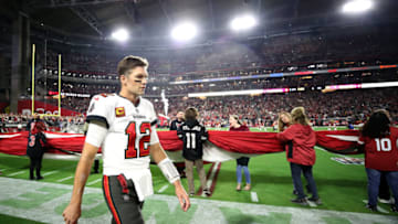 GLENDALE, ARIZONA - DECEMBER 25: Tom Brady #12 of the Tampa Bay Buccaneers walks onto the field prior to the game against the Arizona Cardinals at State Farm Stadium on December 25, 2022 in Glendale, Arizona. (Photo by Christian Petersen/Getty Images)