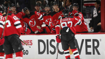 NEWARK, NJ- OCTOBER 17: Nikita Gusev #97 of the New Jersey Devils celebrates his third period goal during the game against the New York Rangers on October 17, 2019 at Prudential Center in Newark, New Jersey. (Photo by Andy Marlin/NHLI via Getty Images)