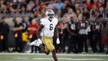 LOUISVILLE, KY - SEPTEMBER 02: Jeremiah Owusu-Koramoah #6 of the Notre Dame Fighting Irish in action on defense during a game against the Louisville Cardinals at Cardinal Stadium on September 2, 2019 in Louisville, Kentucky. Notre Dame defeated Louisville 35-17. (Photo by Joe Robbins/Getty Images)