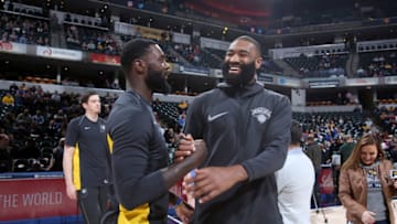 INDIANAPOLIS, IN - DECEMBER 4: Lance Stephenson #1 of the Indiana Pacers and Kyle O'Quinn #9 of the New York Knicks before the game on December 4, 2017 at Bankers Life Fieldhouse in Indianapolis, Indiana. NOTE TO USER: User expressly acknowledges and agrees that, by downloading and/or using this photograph, user is consenting to the terms and conditions of the Getty Images License Agreement. Mandatory Copyright Notice: Copyright 2017 NBAE (Photo by Ron Hoskins/NBAE via Getty Images)