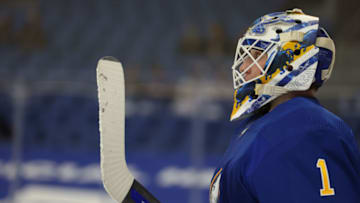 Apr 23, 2021; Buffalo, New York, USA; Buffalo Sabres goaltender Ukko-Pekka Luukkonen (1) looks on during the third period against the Boston Bruins at KeyBank Center. Mandatory Credit: Timothy T. Ludwig-USA TODAY Sports