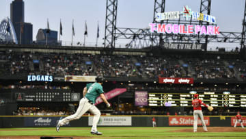 SEATTLE, WA - MAY 31: Jay Bruce #32 of the Seattle Mariners hits a home run against the Los Angeles Angels at T-Mobile Park on Friday, May 31, 2019 in Seattle, Washington. (Photo by Rod Mar/MLB Photos via Getty Images)