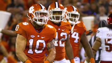 Oct 1, 2016; Clemson, SC, USA; Clemson Tigers quarterback Tucker Israel (10) reacts after getting a sack during the third quarter against the Louisville Cardinals at Clemson Memorial Stadium. Mandatory Credit: Joshua S. Kelly-USA TODAY Sports
