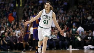Jan 15, 2016; Boston, MA, USA; Boston Celtics center Kelly Olynyk (41) reacts after his three point basket against the Phoenix Suns in the second quarter at TD Garden. Mandatory Credit: David Butler II-USA TODAY Sports