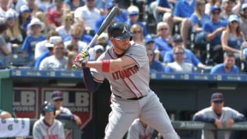 May 15, 2016; Kansas City, MO, USA; Atlanta Braves catcher Tyler Flowers (25) at bat in the game against the Kansas City Royals at Kauffman Stadium. The Royals won 4-2. Mandatory Credit: Denny Medley-USA TODAY Sports