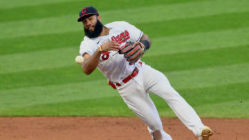 Sep 8, 2021; Cleveland, Ohio, USA; Cleveland Indians shortstop Amed Rosario (1) throws to first base against the Minnesota Twins in the fifth inning at Progressive Field. Mandatory Credit: David Richard-USA TODAY Sports