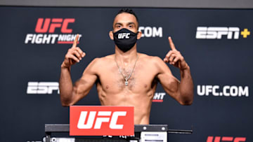 LAS VEGAS, NEVADA - MAY 21: In this UFC handout, Rob Font poses on the scale during the UFC Fight Night weigh-in at UFC APEX on May 21, 2021 in Las Vegas, Nevada. (Photo by Chris Unger/Zuffa LLC/Getty Images)