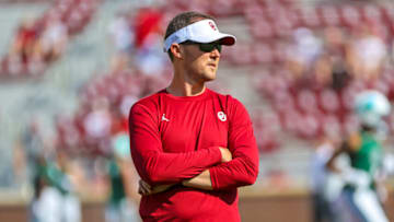 Sep 4, 2021; Norman, Oklahoma, USA; Oklahoma Sooners head coach Lincoln Riley looks on before the game against the Tulane Green Wave at Gaylord Family-Oklahoma Memorial Stadium. Mandatory Credit: Kevin Jairaj-USA TODAY Sports