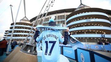MANCHESTER, ENGLAND - DECEMBER 22: Manchester City fan seen outside the stadium prior to the Premier League match between Manchester City and Crystal Palace at Etihad Stadium on December 22, 2018 in Manchester, United Kingdom. (Photo by Clive Brunskill/Getty Images)