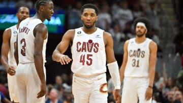 Donovan Mitchell, Caris LeVert, Evan Mobley and Jarrett Allen, Cleveland Cavaliers. Photo by Jason Miller/Getty Images