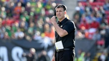 LAS VEGAS, NV - DECEMBER 16: Head coach Mario Cristobal of the Oregon Ducks looks on during the Las Vegas Bowl against the Boise State Broncos at Sam Boyd Stadium on December 16, 2017 in Las Vegas, Nevada. Boise State won 38-28. (Photo by David Becker/Getty Images)