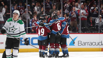 DENVER, CO - NOVEMBER 22: Members of the Colorado Avalanche clelbrate a goal against the Dallas Stars at the Pepsi Center on November 22, 2017 in Denver, Colorado. The Avalanche defeated the Stars 3-0. (Photo by Michael Martin/NHLI via Getty Images)'n